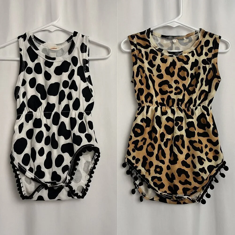 3/$20 Bundle •Baby Sleeveless Romper Bundle – Cow Print & Leopard Print –